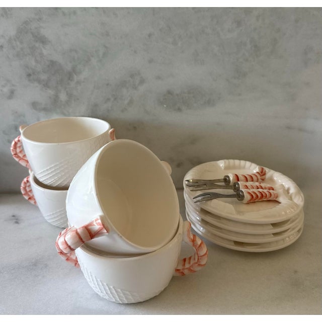 Set of 4 vintage porcelain bowls with prink shrimp tail handles, white small plates with shrimp tail reliefs on the...