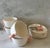 Set of 4 vintage porcelain bowls with prink shrimp tail handles, white small plates with shrimp tail reliefs on the...