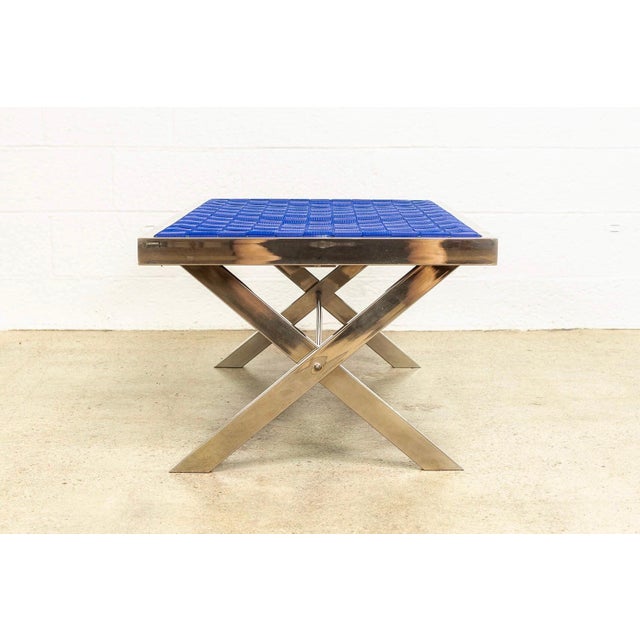 Mid Century Modern Chrome and Blue Strap Bench Milo in Baughman Style For Sale In Detroit - Image 6 of 10