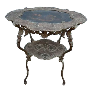 Antique Victorian Style Patinated Cast Iron and Decorated Side Table.