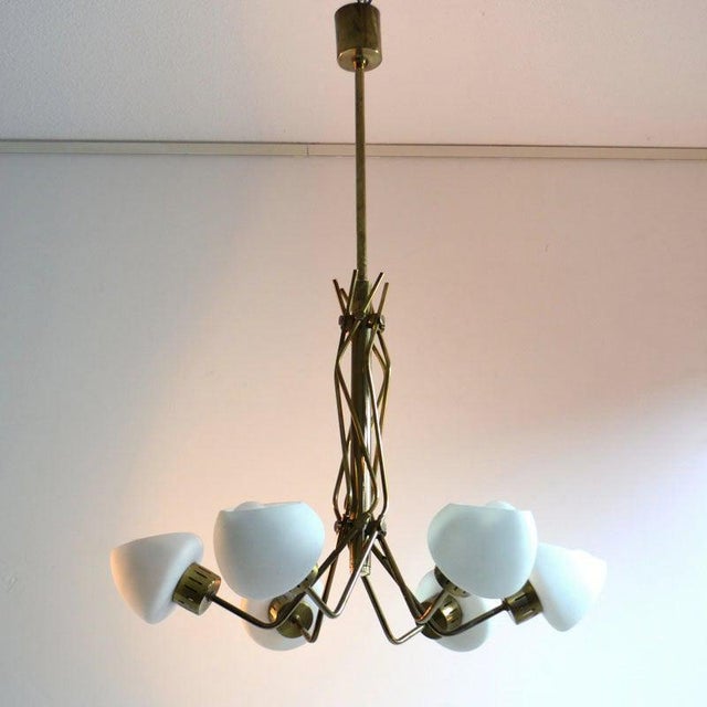 1950s Opaline and Brass Italian Chandelier in the style of Stilnovo, 1950s For Sale - Image 5 of 14
