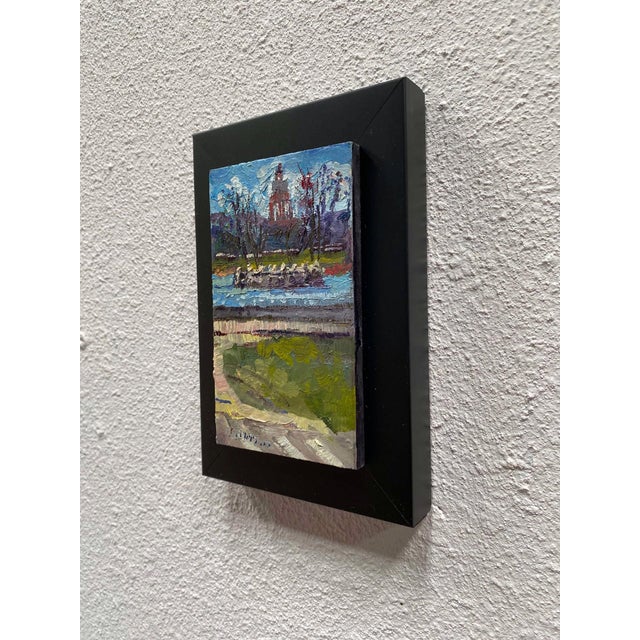 Ferril Lake City Park by Delton Demarest | Oil on panel Landscape with water and trees. For Sale - Image 4 of 5