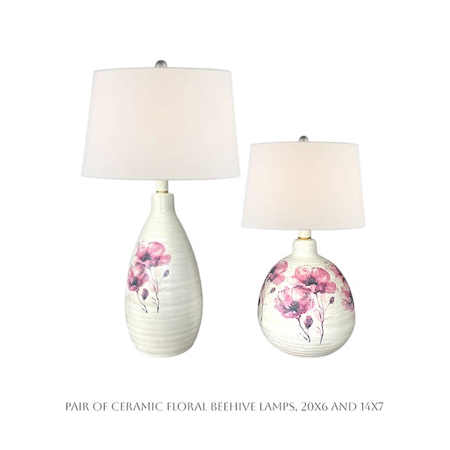 A pair of beehive ceramic table lamps with an artisan-applied finish consisting of a dimensional two-toned cream...