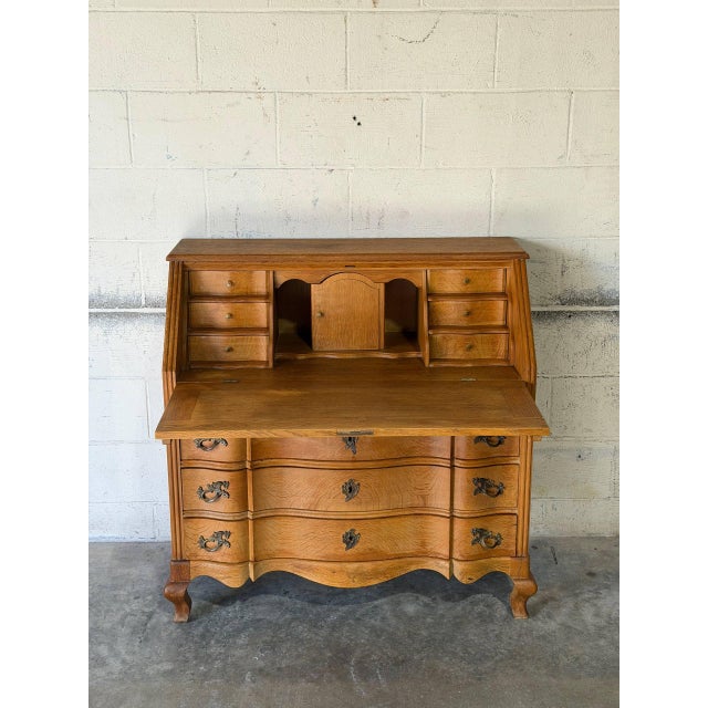 Oak Bureau With Drop-Front Desk and Three Serpentine Drawers Danish Mid-Century Modern 1970s For Sale - Image 4 of 11