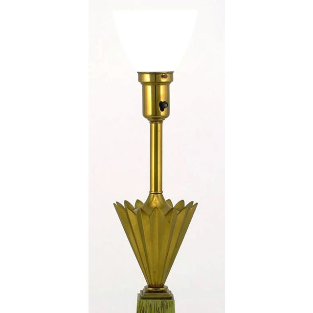 Stiffel Pair of Brass Crown and Sage Lacquer Obelisk Table Lamps Attributed to Stiffel For Sale - Image 4 of 6