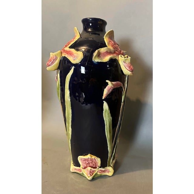 Art Nouveau Antique Continental Majolica Art Nouveau Cobalt Blue Pottery Vase For Sale - Image 3 of 8
