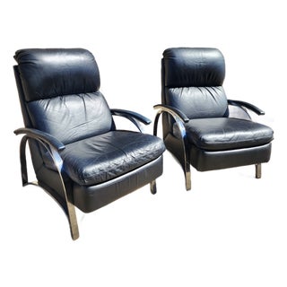 Pair of Black Leather and Chrome Barcaloungers For Sale
