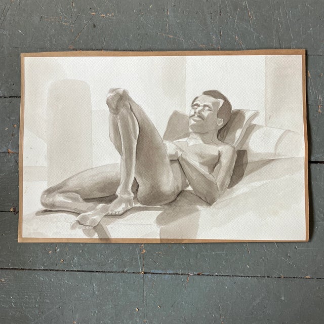 1970s 1970’s Original Vintage Male Nude Watercolor Painting For Sale - Image 5 of 5