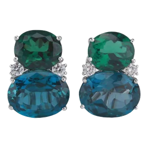 Christina Addison Large 18kt White Gold Gum Drop™ Earrings, Green Garnet, Blue Topaz and Diamonds
