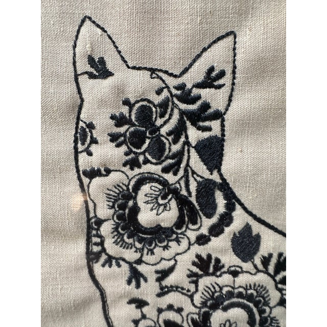 Vintage Hand-Made Crewel-Style Embroidery of a Cat Featuring Florals - Framed 1976 Folk Art For Sale - Image 4 of 8