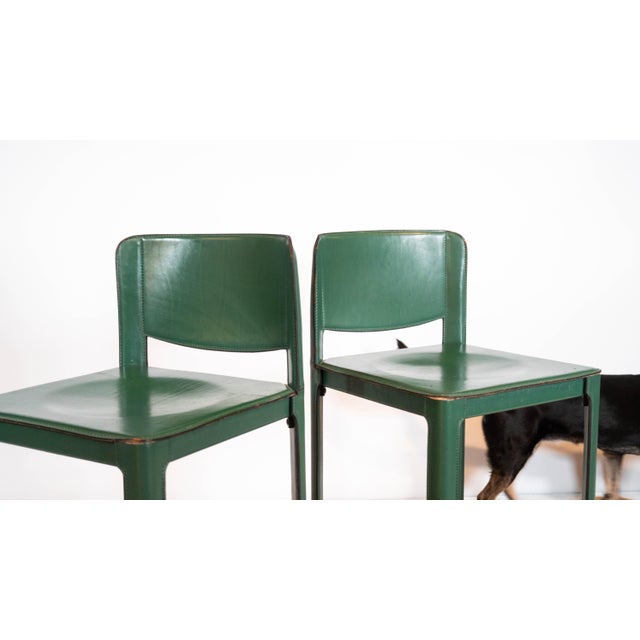 1980s Mid-Century Matteo Grassi Green Saddle Leather Sistina Counter Stools - A Pair For Sale - Image 9 of 16