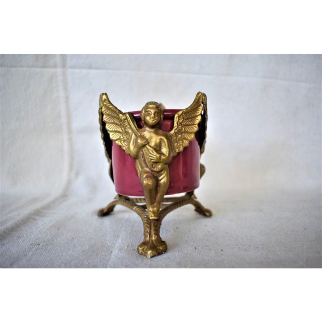 1980s Vintage Brass And Raspberry Ceramic Angel Candleholder