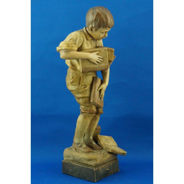 19th Century Terracotta Sculpture Child with Books by Otto Petri for Goldscheider, Austria, 1800s For Sale - Image 4 of 18