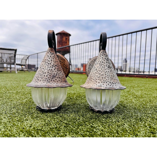 1950s Vintage Witch’s Hat Cast Metal Porch Light Sconces - A Pair For Sale - Image 4 of 12