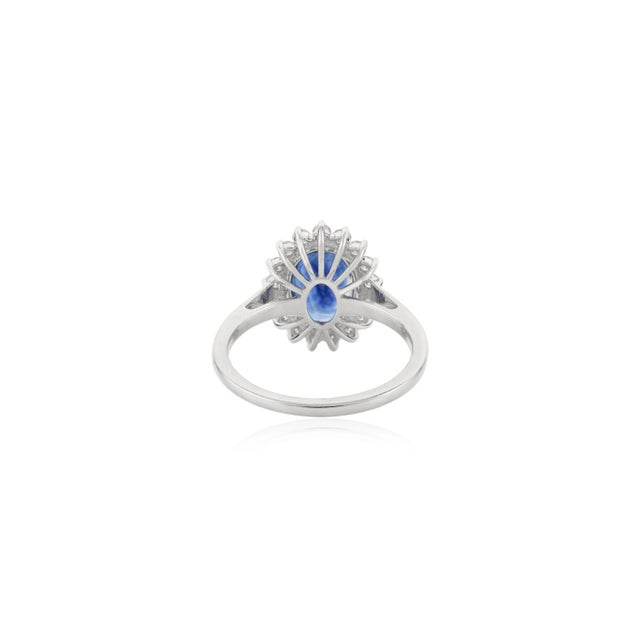 Metal Diamonds Halo Oval Cut Sapphire Cocktail Ring in 14k Solid White Gold Size 5.5 For Sale - Image 7 of 12