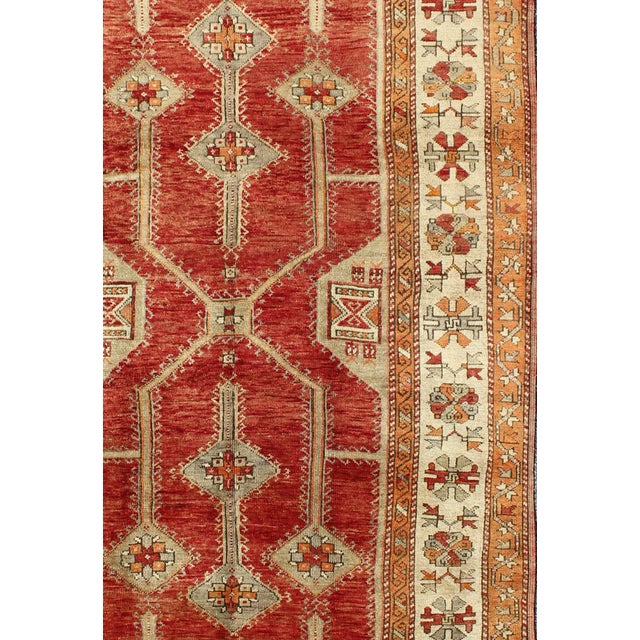 Antique Turkish Oushak Rug with All-Over Geometric Design in Red, Light Green. rug/ This unusual and uniquely designed...