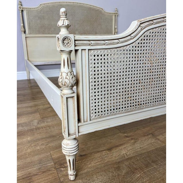 Wood Vintage French King Size Bed Frame with Cane Panel and Carved Headboard For Sale - Image 7 of 12
