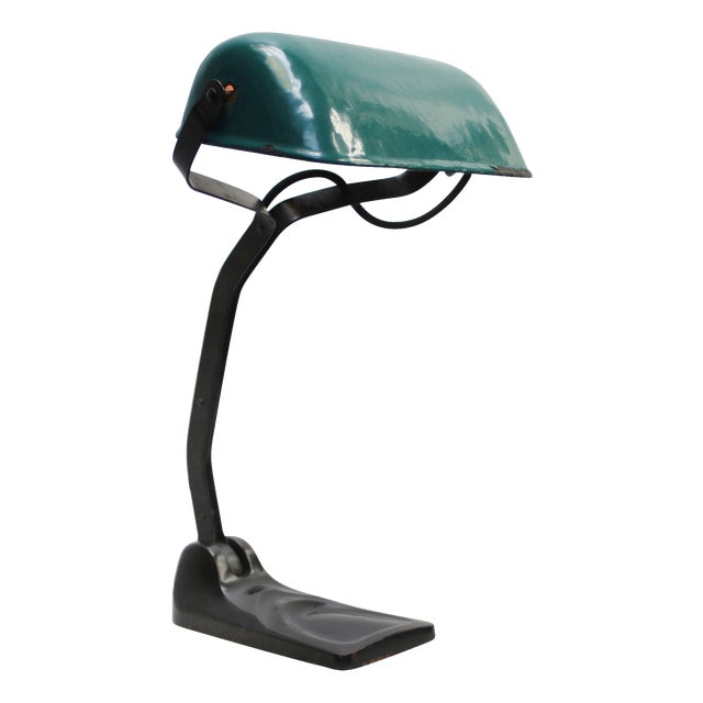 Vintage Petrol Green Enamel Banker's Table Lamp from Erpe, Belgium For Sale