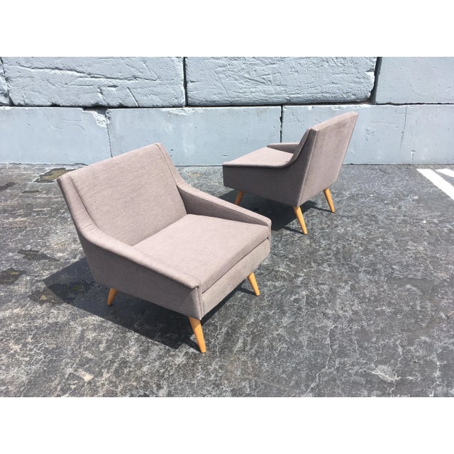 Early 21st Century Danish Modern Gray Fabric & Oak Leg Lounge Chairs - A Pair For Sale - Image 9 of 13