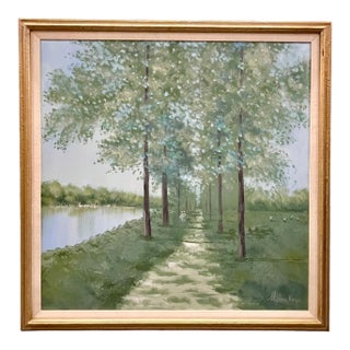 Mid 20th Century Large Impressionist Style Tree-Lined Landscape Oil Painting in Gilt Frame – 41.5” X 41.25” For Sale