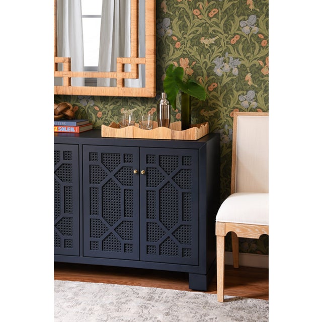 Contemporary Matthew Izzo Home Claire Matte Navy Lacquer Four Door Buffet With Brass Knobs - Painted Trellis Design Cane Doors For Sale - Image 3 of 12