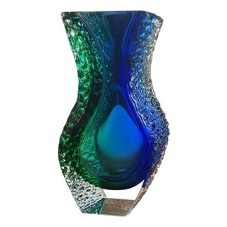 Vintage Murano Sommerso Art Glass Vase 9.5" 6.8lb Blue Green Faceted For Sale