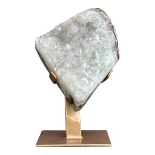 Sculptural White Quartz on Stand, Geode With Metallic Base Included For Sale
