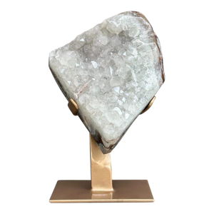 Sculptural White Quartz on Stand, Geode With Metallic Base Included