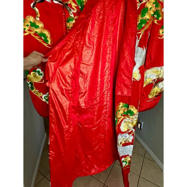 Vintage Red Brocade With Flying Cranes Japanese Ceremonial Kimono For Sale - Image 12 of 18