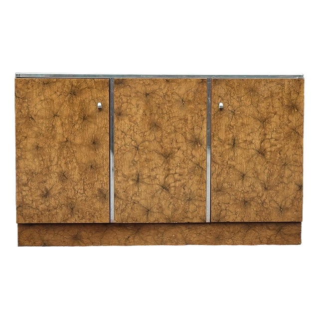 Vintage 1970's Burlwood Sideboard With Chrome Trim For Sale