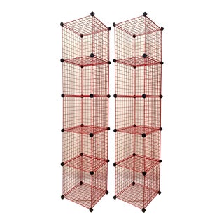 Postmodern Modular Minimalist Red Cube Grid Record Holder Shelf Shelving, a Pair For Sale