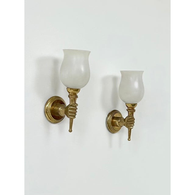 Metal Wall Lights in Brass and Opaline Glass from Maison Jansen, France, 1960, Set of 2 For Sale - Image 7 of 10
