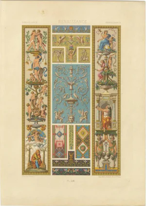 Renaissance Ornament Panel with Mythological Figures and Scrollwork, 1869, Lithograph