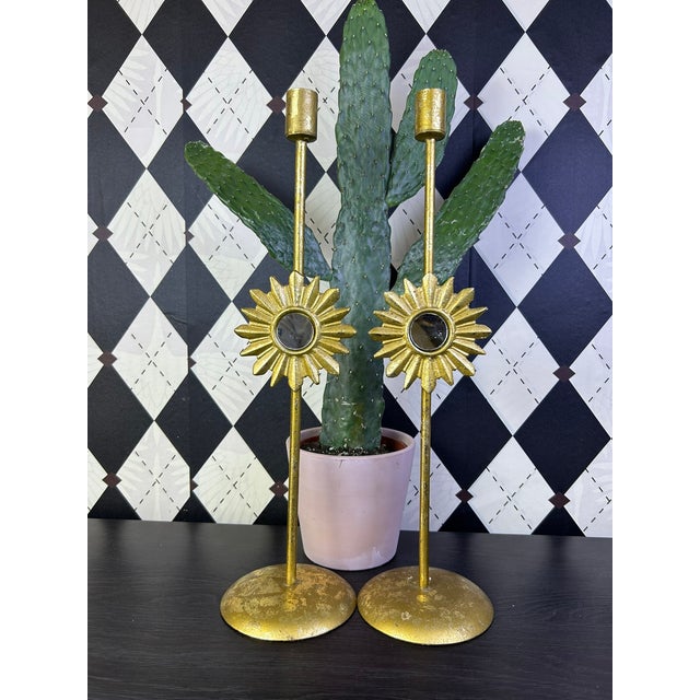 Vintage Hollywood Regency Gilt Metal Sunburst Mirror Candlesticks, Pair For Sale - Image 12 of 13