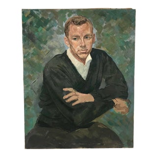 Vintage Portrait Man in Black Sweater Oil on Canvas