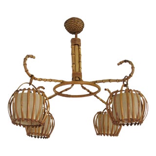 Mid-Century French Bamboo & Wicker Pendant Chandelier For Sale