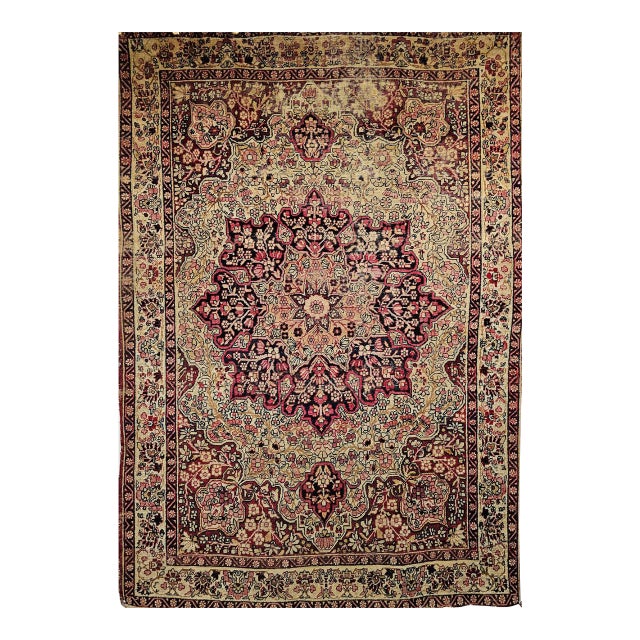 19th Century Persian Kerman Lavar Rug, Hand-Knotted Wool, Floral Pattern. Red & Ivory, 4x6 For Sale