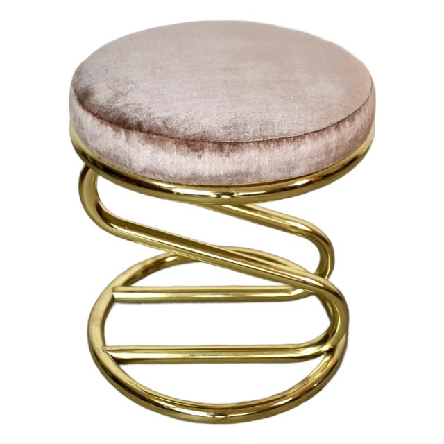 1980’s Art Deco Hollywood Regency Brass & Velvet Vanity Stool For Sale