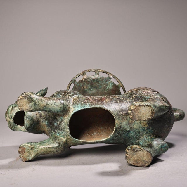 Bronze Late 19th Century Bronze Tiger-Form Fruit Tray, 2600g, Archaic Motifs, Sculptural Stand For Sale - Image 8 of 10
