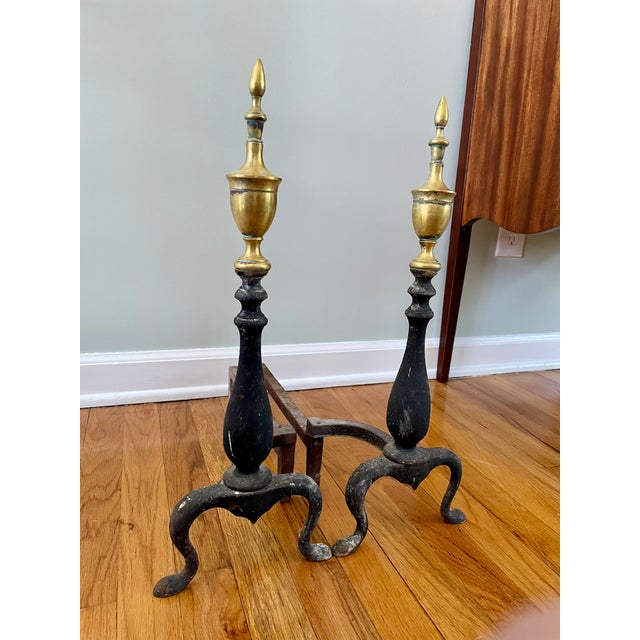 Gold Pair of Early 20th Century Brass Topped Federal Style Andirons For Sale - Image 8 of 9