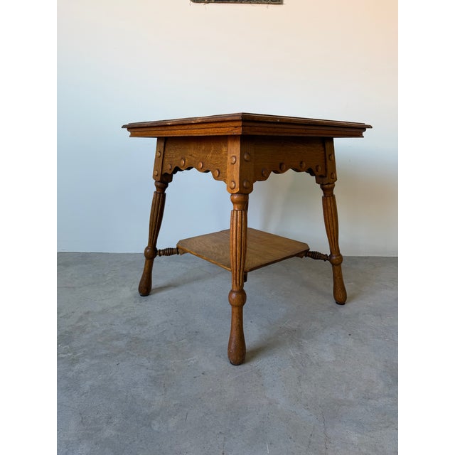 Antique French Farmhouse Turned Oak Wood Accent Table With Lower Shelf/ Sold For Sale - Image 4 of 12
