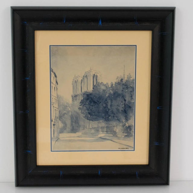 Mid 20th Century Notre Dame De Paris Cathedral Blue Watercolor Painting by M. Godier For Sale - Image 5 of 13