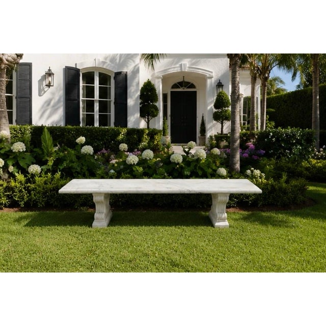 2000 - 2009 Italian Neoclassical Carved White Marble Bench With Scroll Pedestal Legs For Sale - Image 5 of 11