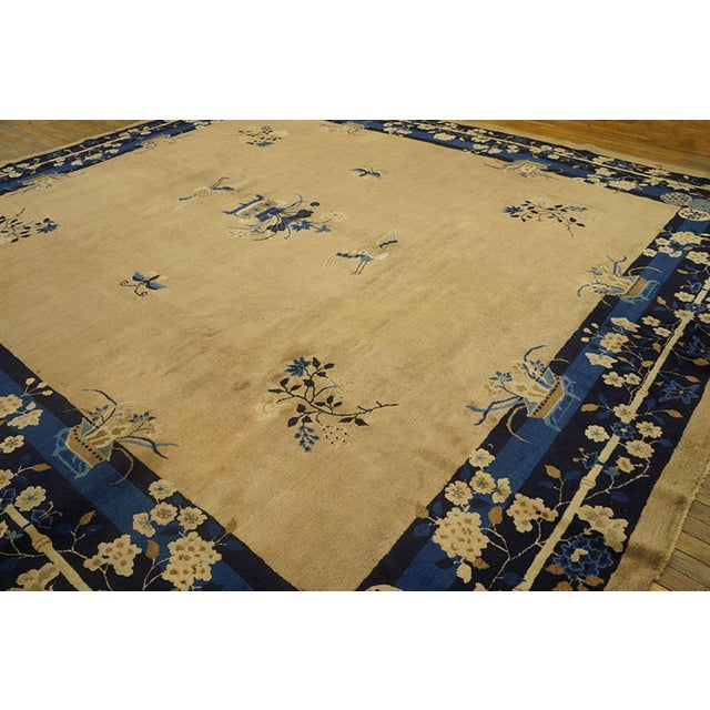 1900 - 1909 1900s Beige Floral Vase Deco Antique Peking Square Room Size Wool Rug For Sale - Image 5 of 6