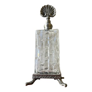 Vintage Mid-Century Brutalist Textured Glass Perfume Bottle on Ornate Silvered Footed Base For Sale