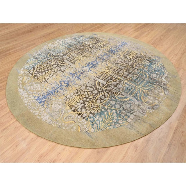 Transitional 2010s Gold Brown, Hand Knotted Transitional Sarouk Silk With Textured Wool, Round Oriental Rug For Sale - Image 3 of 13