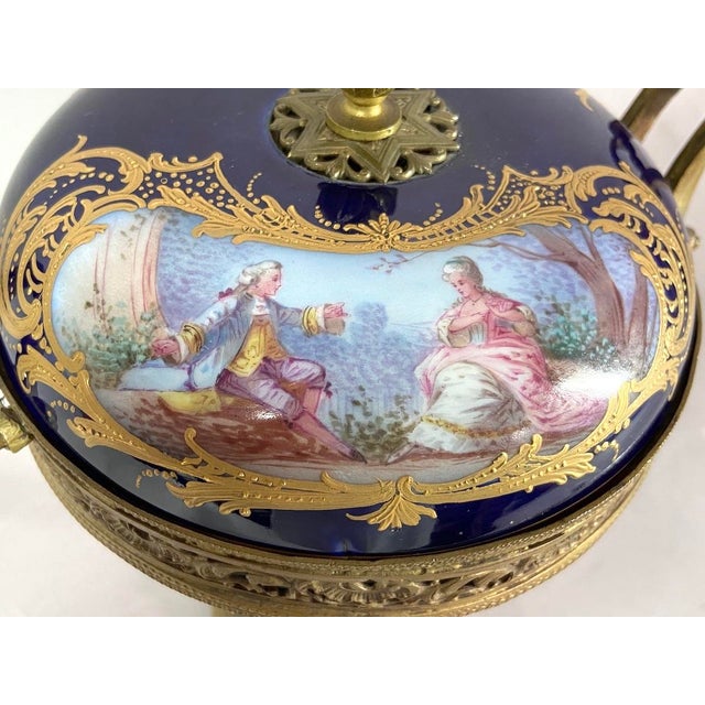 19thC Sevres Louis XVI Style Blue Porcelain Bronze Bowl Urn For Sale - Image 14 of 18