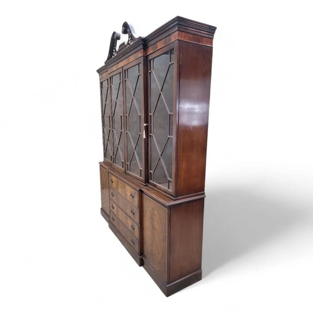 Early 20th Century Antique Flame Mahogany Secretary Breakfront Display Hutch by Robert W Irwin Co For Sale - Image 5 of 12