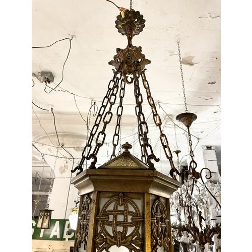 Brass Antique Brass Neo Gothic Three Light Ceiling Pendant Light Celtic Knot Pattern For Sale - Image 8 of 12