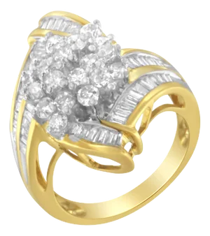 10K Yellow Gold Round and Baguette Diamond Swirl Ring (2.0 Cttw, J-K Color, I2 Clarity) - Size 7-1/4